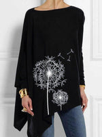 Dandelion Print Asymmetric Hem Loose Long Sleeve Casual Blouse