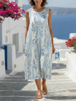 Light Blue Leaf Print Round Neck Sleeveless Casual Midi Dress