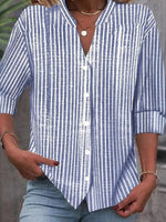 Breezy V-Neck Striped Print 3/4 Sleeve Shirt