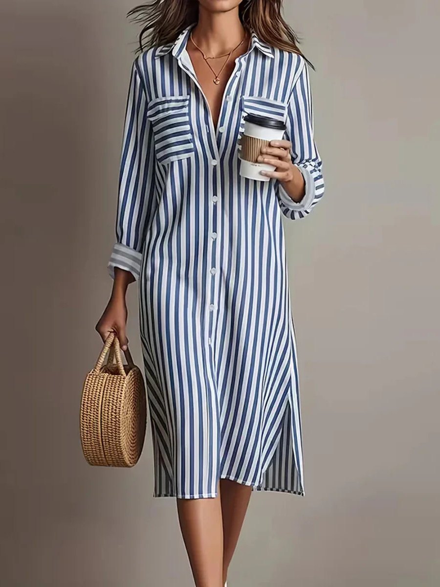 Blue Stripe Roll Sleeve Pocket Split Shirt Midi Dress