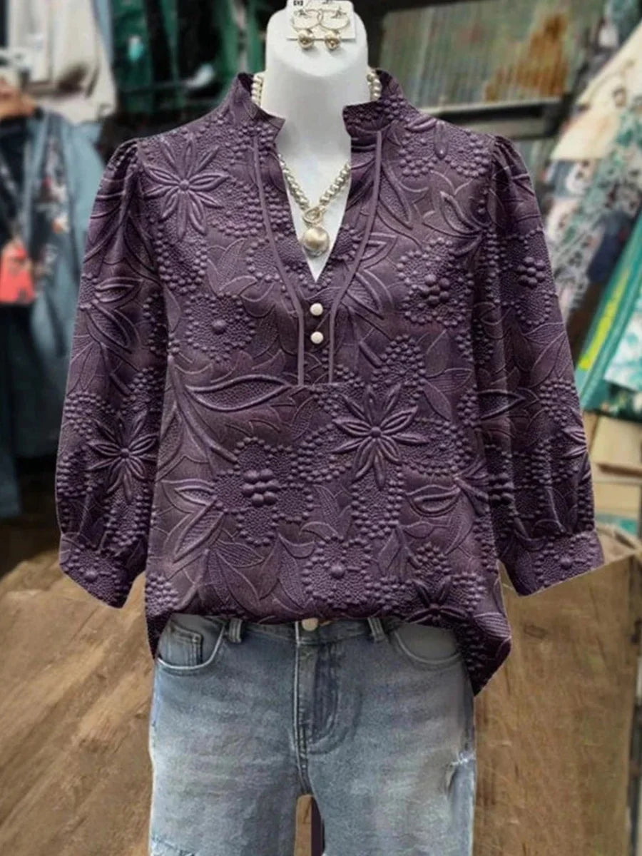 Vintage Floral Print V-neck 3/4 Sleeve Blouse