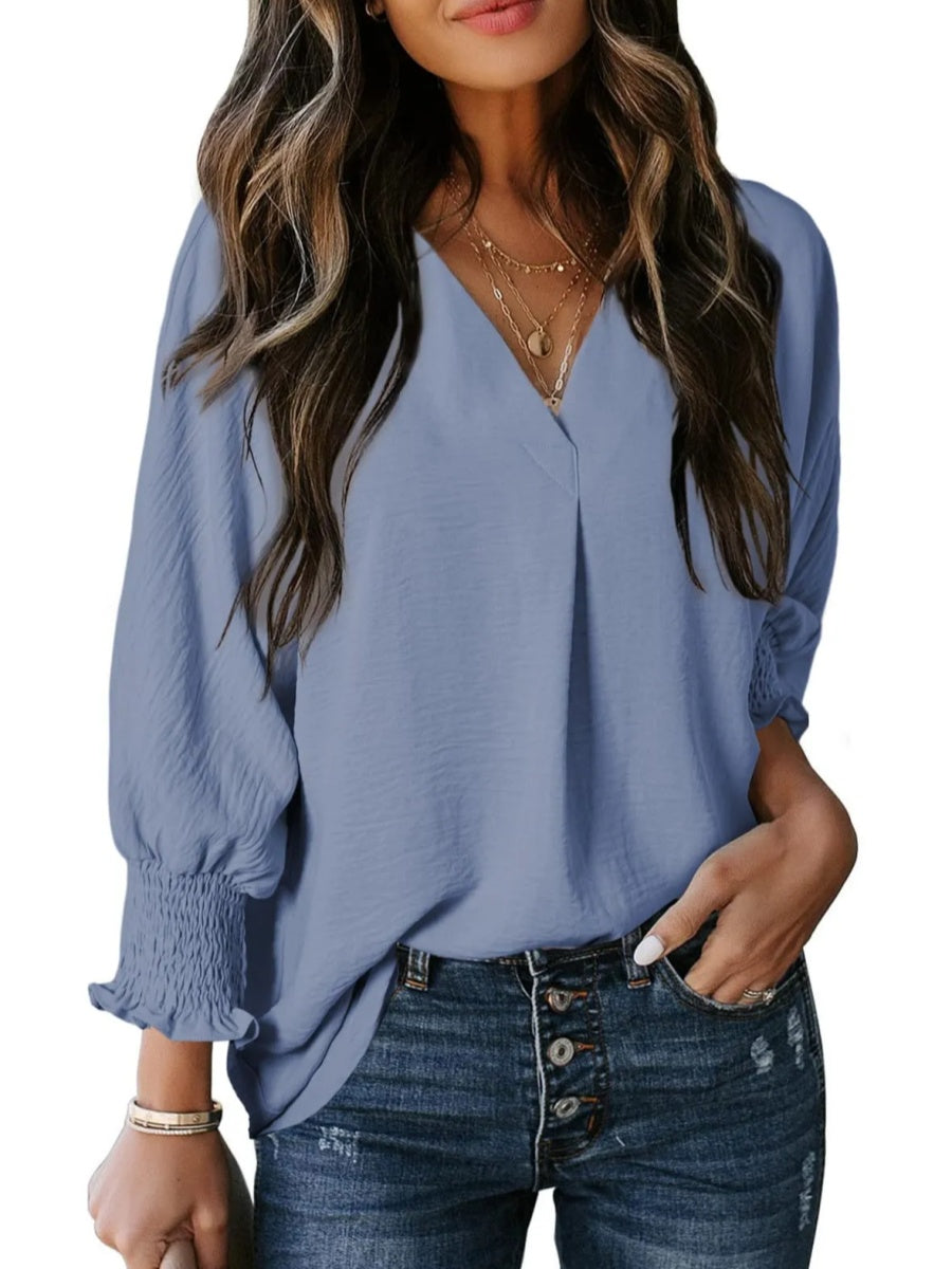 Casual 3/4 Sleeve V Neck Loose Fit Basic Tees