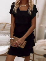 Simple Square Neck Short Sleeve Plain Mini Black Dress