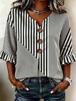 Asym Diagonal Stripe Wooden Button Ruffle 3/4 Sleeve Top