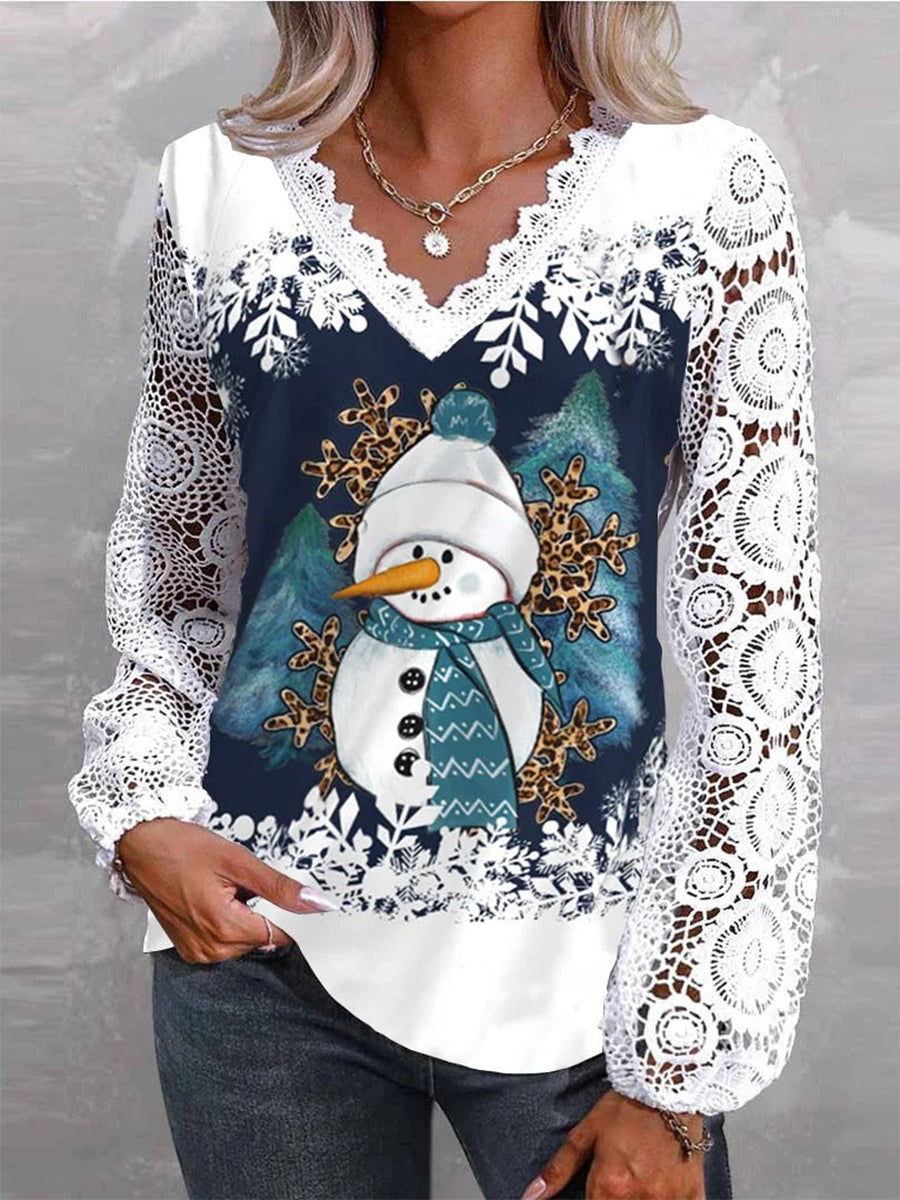Long Sleeve V-neck Snowman Printed Lace Christmas Tops