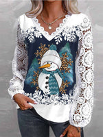 Long Sleeve V-neck Snowman Printed Lace Christmas Tops
