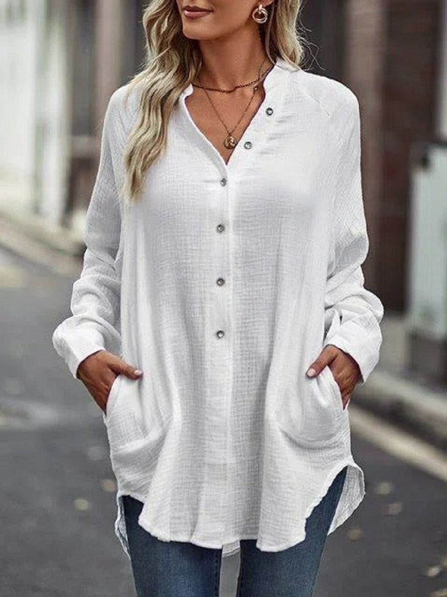 White Casual Solid Blouse with Pockets
