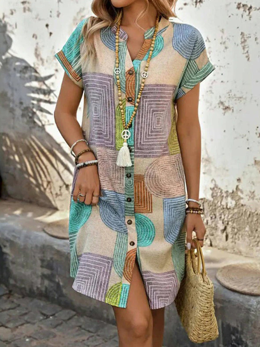 Vintage Geometric Print V-neck Short Sleeve Dress