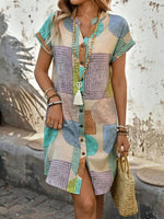 Vintage Geometric Print V-neck Short Sleeve Dress