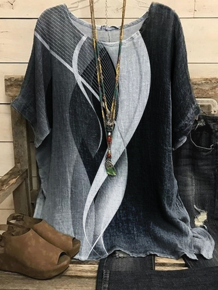 Black Casual Round Neck Printed Short Sleeve Blouse