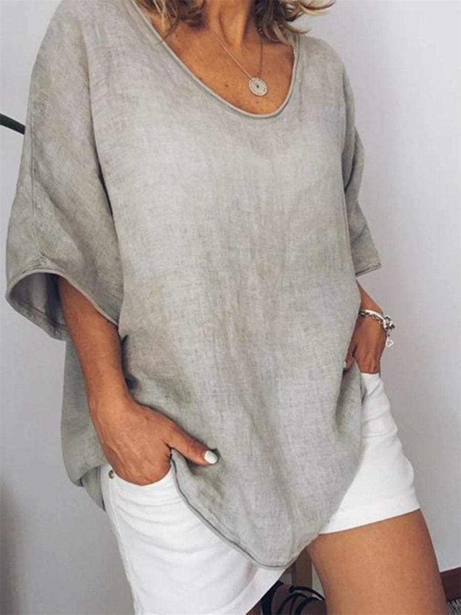 Summer Holiday Solid Crew Neck Half Sleeve Blouse