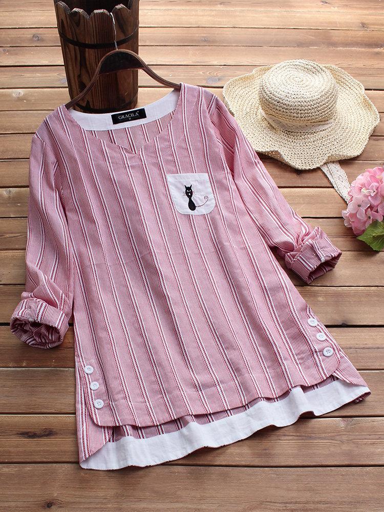 Side Buttons Stripe Cat Embroidered Patchwork Vintage Blouse