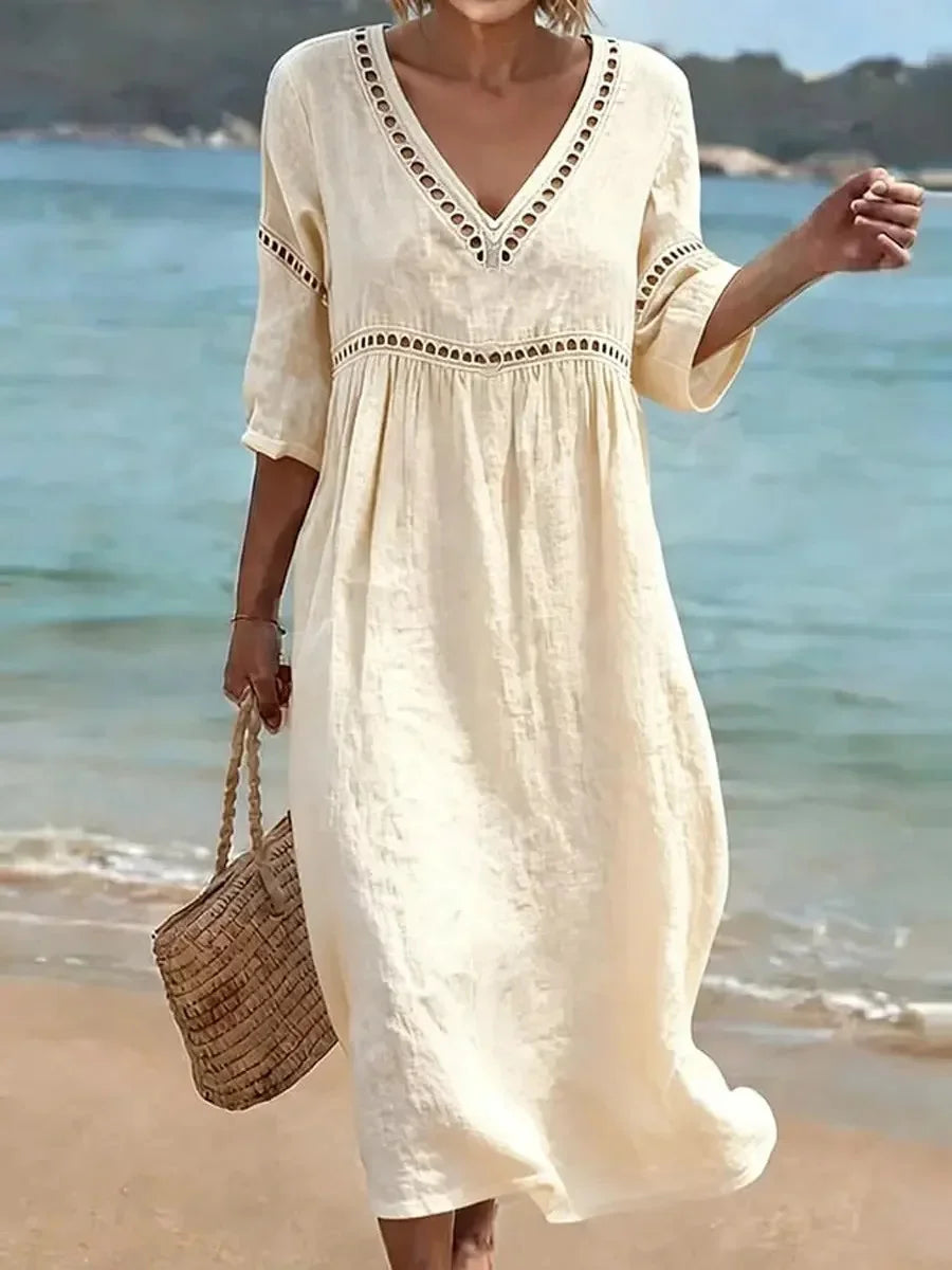 Women's Solid Color Retro Casual Stylish Vacation V-neck Short Sleeve Dress