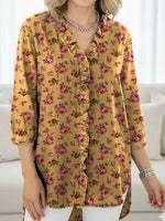 Women's Floral Print Casual V-neck 3/4 Sleeve Shirt