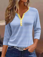 Casual Blue Striped V Neck Blouse