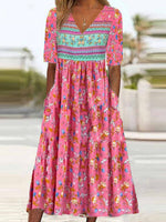 V-neck Half Sleeve Floral Vacation Loose Maxi Dress