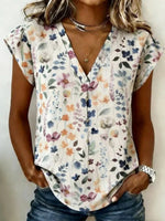 Vintage Floral Print V-neck Short Sleeve Blouse