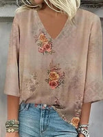 Retro Khaki V-neck 3/4 Sleeve Top