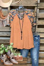 Orange Solid Color Camouflage Stitching T-shirt