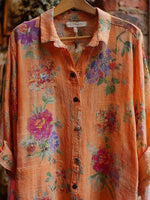 Orange Floral Print Long Sleeve Button Down Blouse