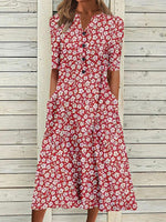 Women’s Floral Print Button-Front Midi Dress with Pockets