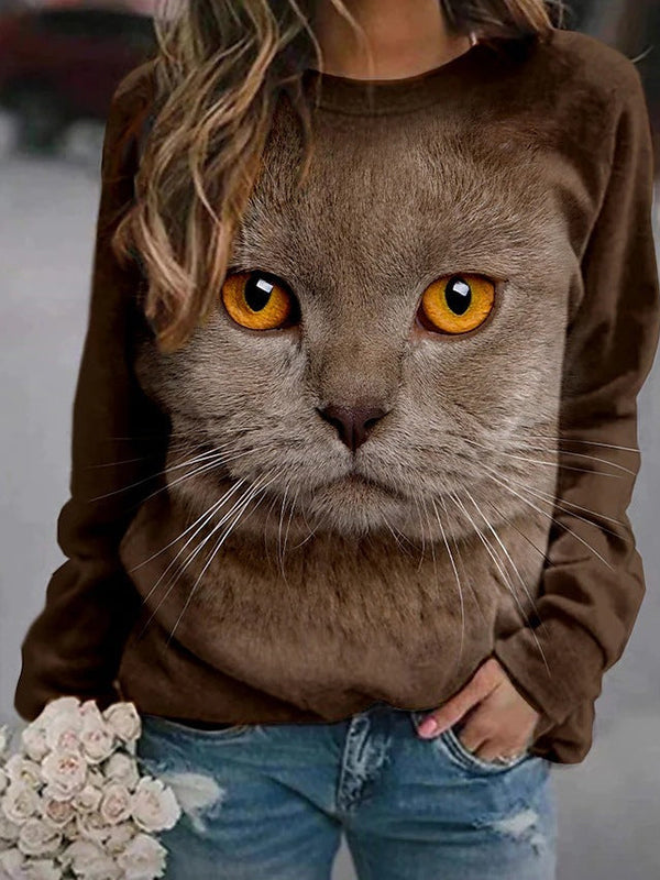 Brown Casual Graphic Tops Round Neck Long Sleeve Cat Printed Sweatshirt