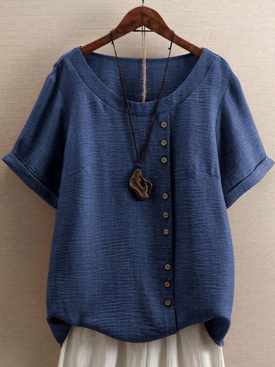 Blue Round Neck Short Sleeve Plain Top