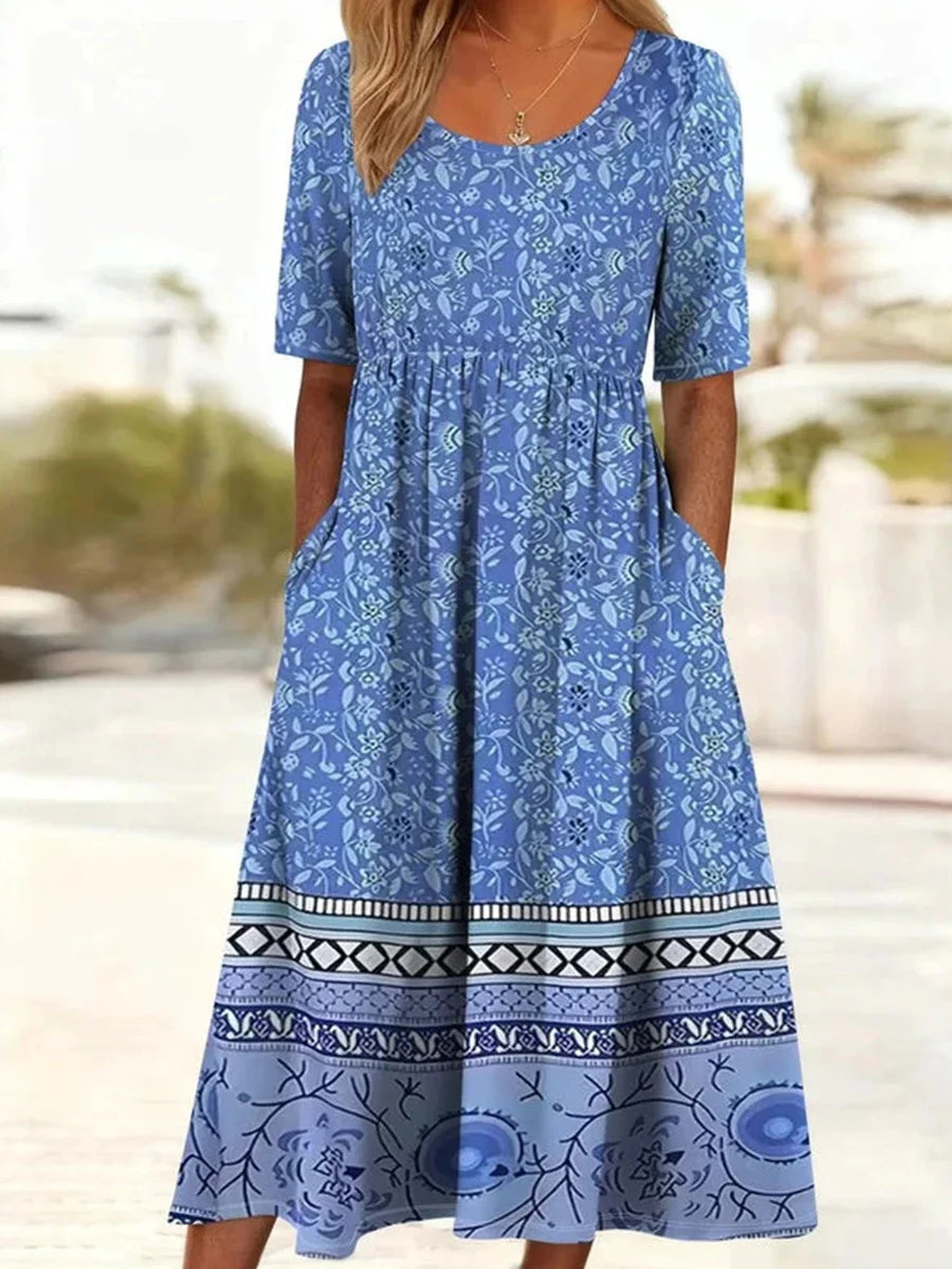 Vintage Floral Print Round Neck Short Sleeve Dress
