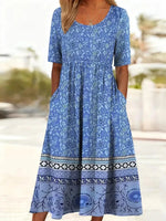 Vintage Floral Print Round Neck Short Sleeve Dress