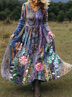 Floral Print V-neck Long Sleeve Maxi Dress