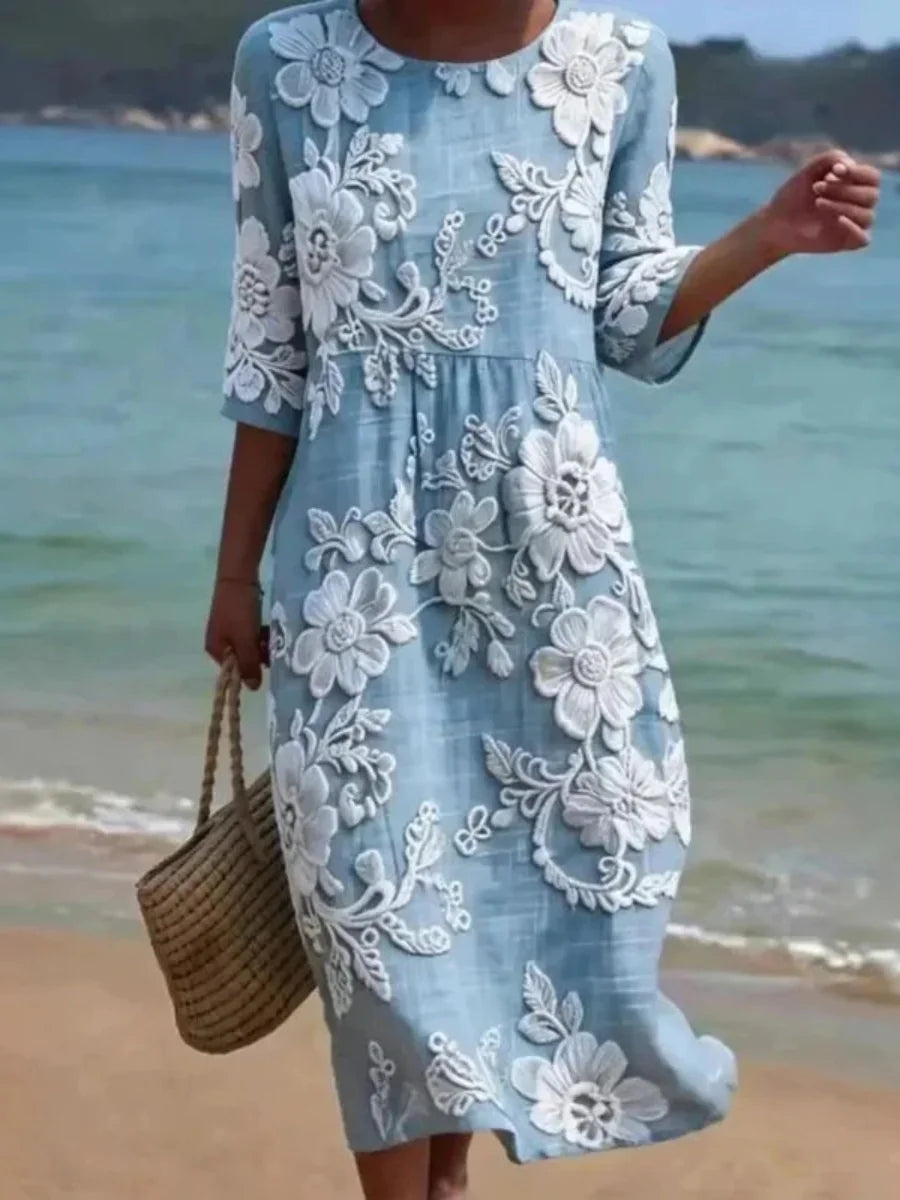 Vintage Floral Print Round Neck 3/4 Sleeve Dress
