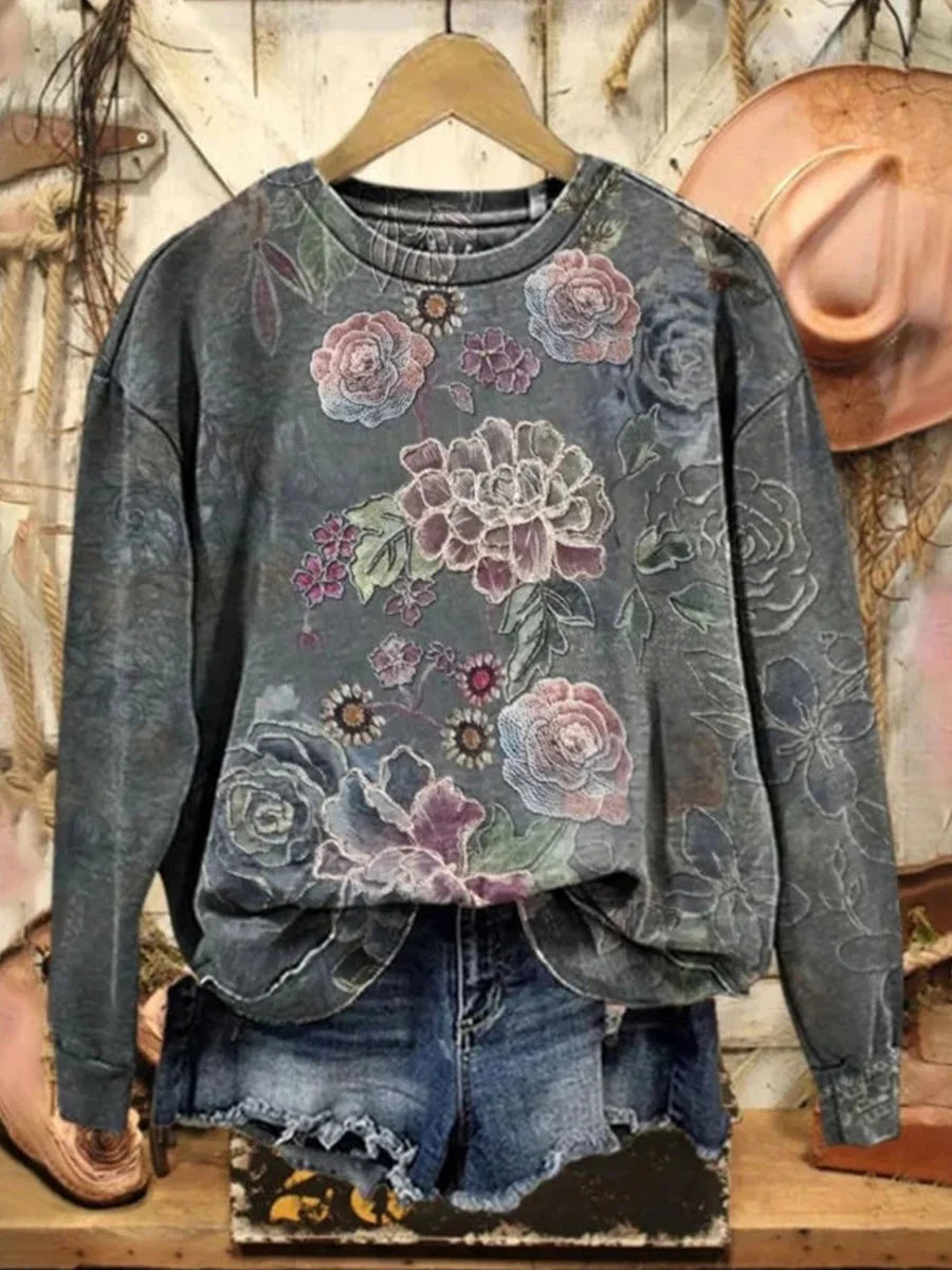 Vintage Floral Print Round Neck Long Sleeve Sweatshirt