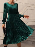 Plain Elegant Round Neck Long Sleeve Midi Dress