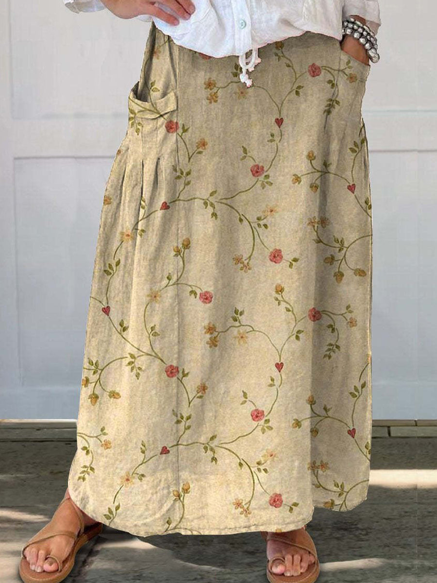 Vintage Floral Printed Art Pocket Skirt
