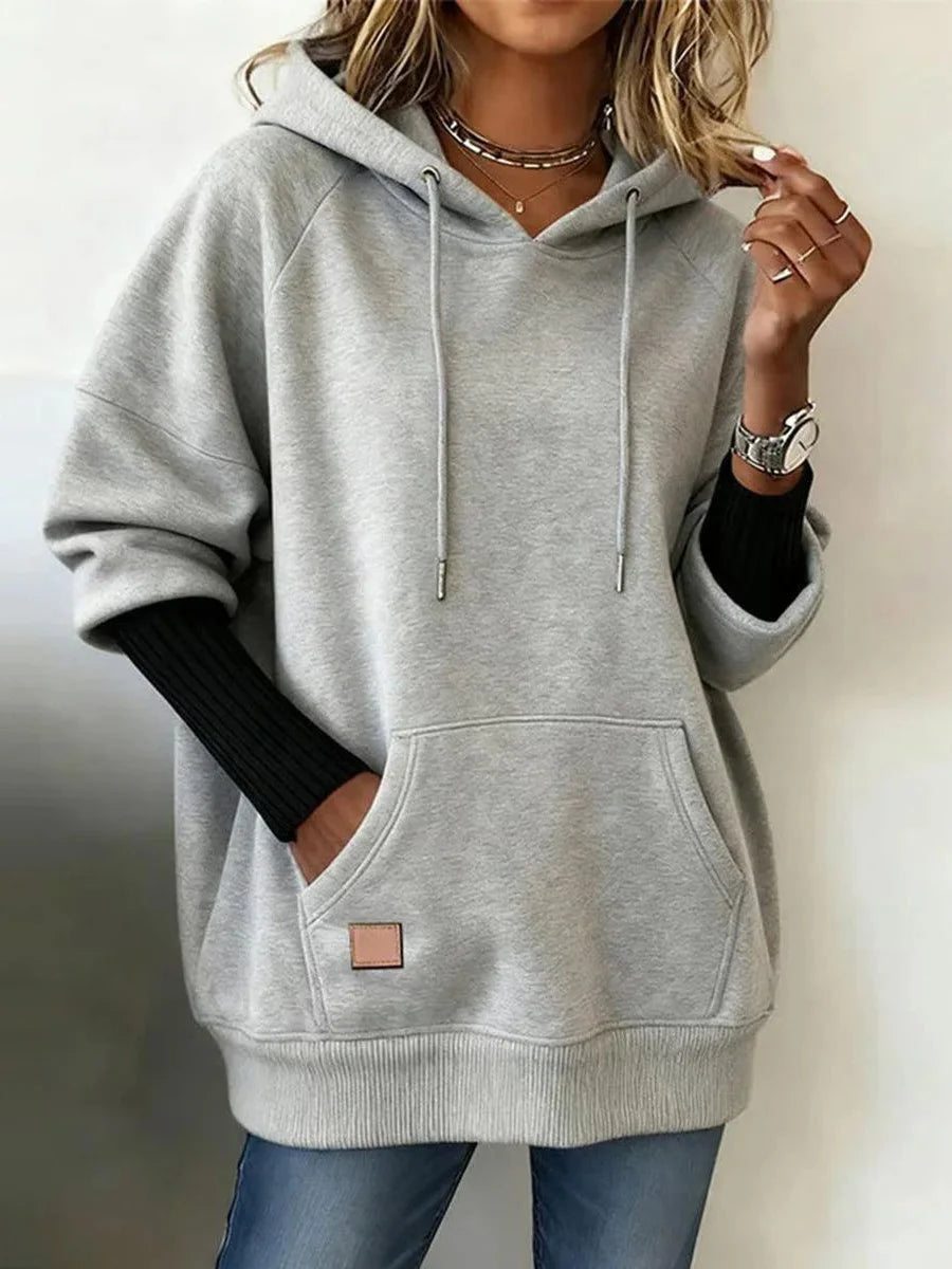 Grey Sweatshirt With Ribbed Sleeve Detail And Front Pocket