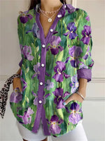 Women's Purple Floral Art Print Lapel Long Sleeve Shirt