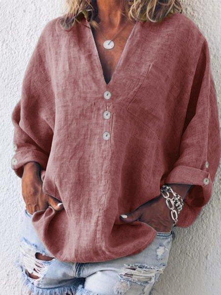Buttoned V-neck Cotton Long Sleeve Blouse
