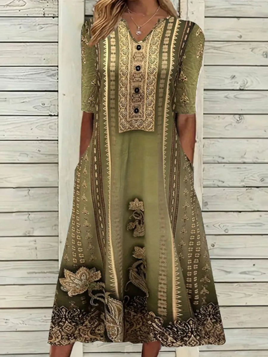 Green Half Sleeve Print Midi Dress