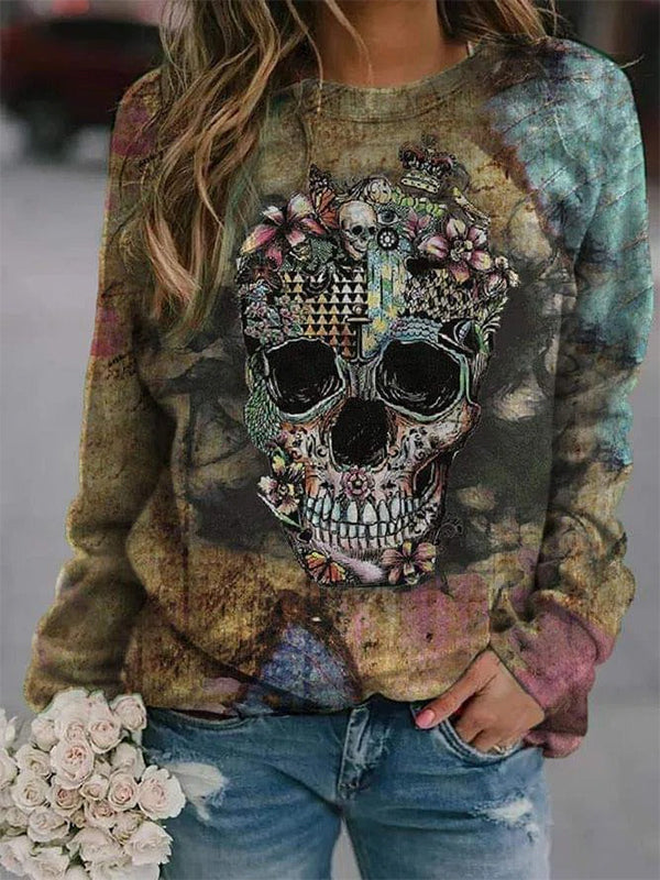 Casual Graphic Tops Round Neck Long Sleeve Skull Printed Sweatshirts