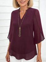 Burgundy V-neck 3/4 Sleeve Plain Chiffon Top