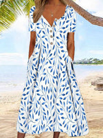 Crew Neck Short Sleeve Vacation Leaf Print Loose Maxi Dress