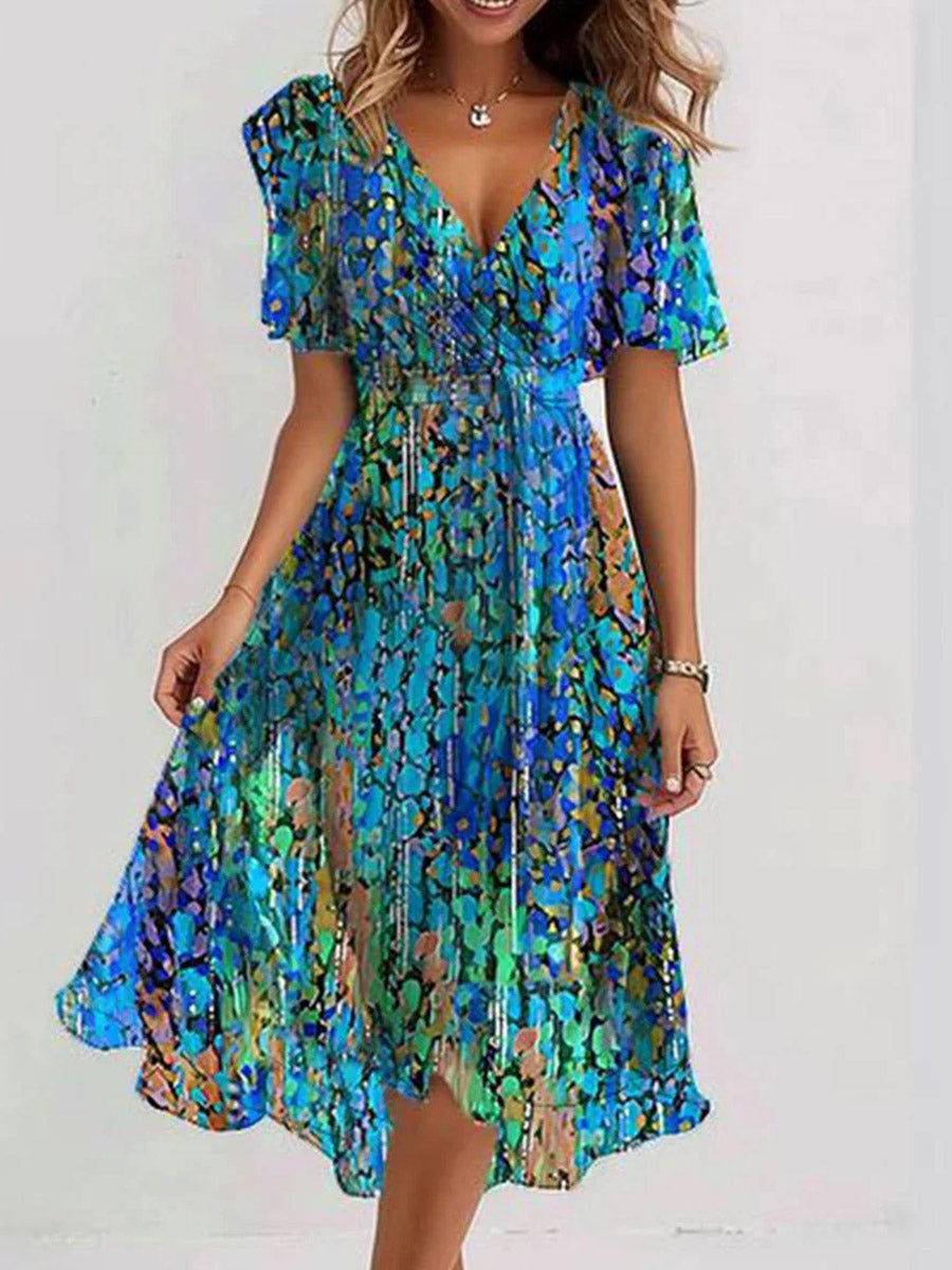 Women's Blue V-Neck Short Sleeve Printed Flowy Midi Dress