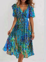Women's Blue V-Neck Short Sleeve Printed Flowy Midi Dress