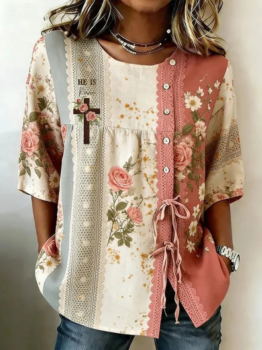 Vintage Floral Print Round Neck Half Sleeve Blouse