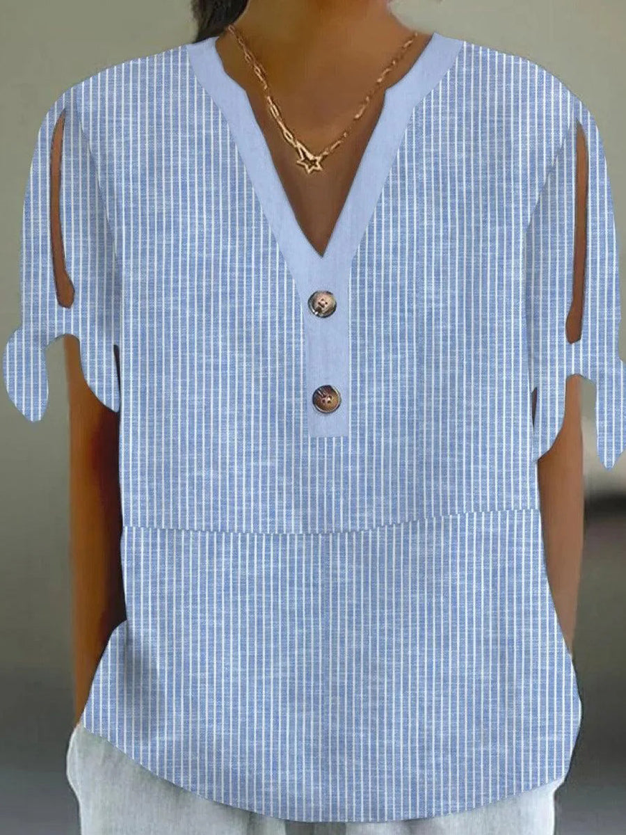 Comfy Striped Print V-neck Split Sleeve Top