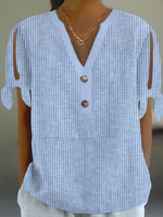 Comfy Striped Print V-neck Split Sleeve Top