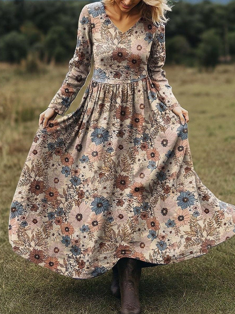 Modern V-Neck Long Sleeve Maxi Dress