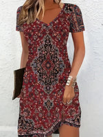 Vintage Floral Printed V-neck Short Sleeve Mini Dress