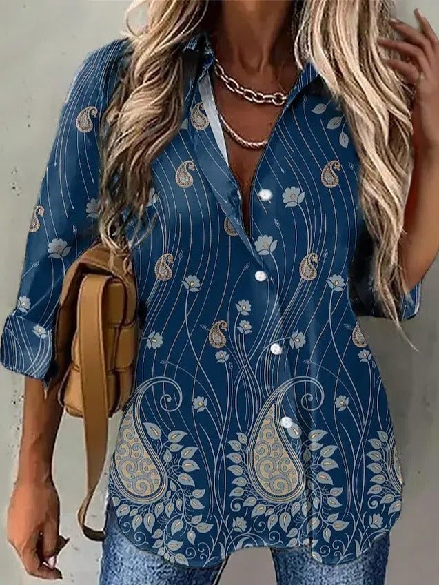 Dark Blue Casual Lapel Long Sleeve Floral Printed Blouse