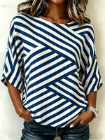 Blue Geometric Stripe Round Neck 3/4 Sleeve Casual Top